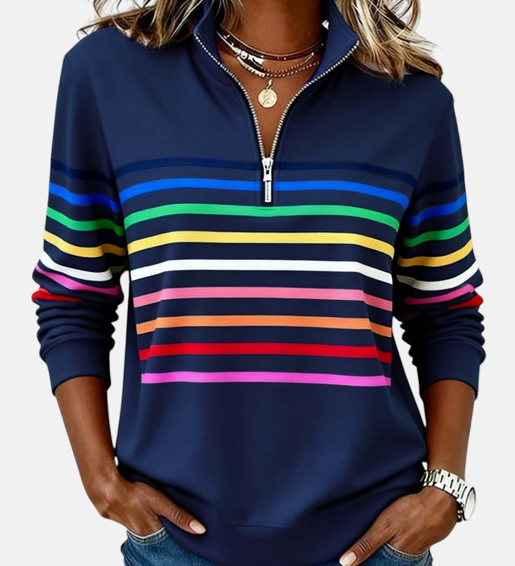 Vīne | Varavīksnes svītrains džemperis ar rāvējslēdzēju